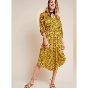 Anthropologie Gold Yellow satin print midi dress. Medium